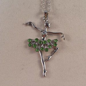 Silver Ballerina Dancer Green Crystal Gemstone Pendant Necklace Gorgeous Gift